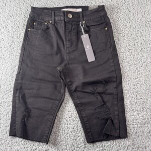 Tractr Black Mid Rise Bermuda Raw Hem Distressed Stretch Denim Shorts‎ 00/24 NWT